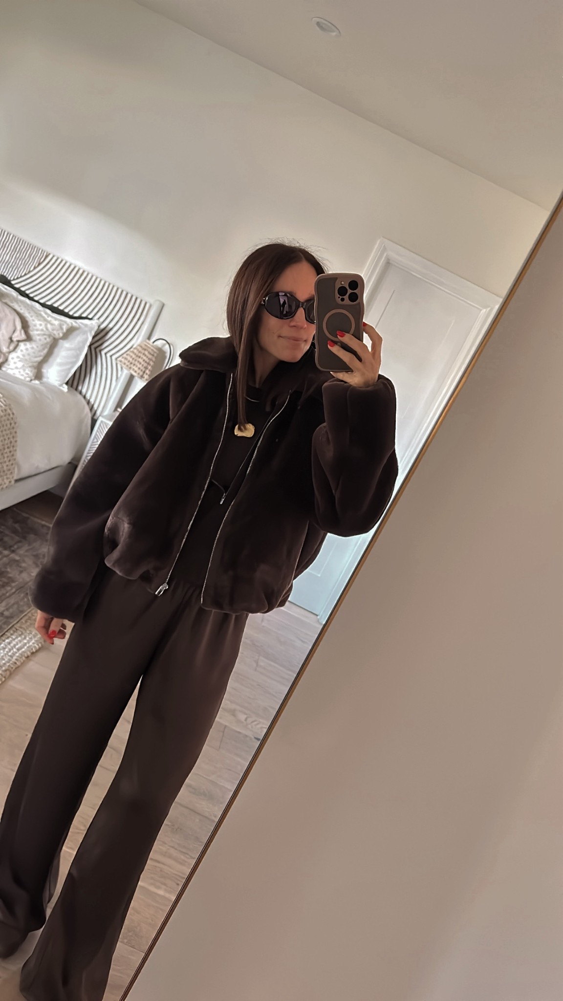 Chocolate brown 🤎
same satin pants as yesterday with a cozy faux fur bomber jacket. Fit on this one is amazing. So cozy, true to size and I can layer underneath. 

#LTKPetite #LTKOver40