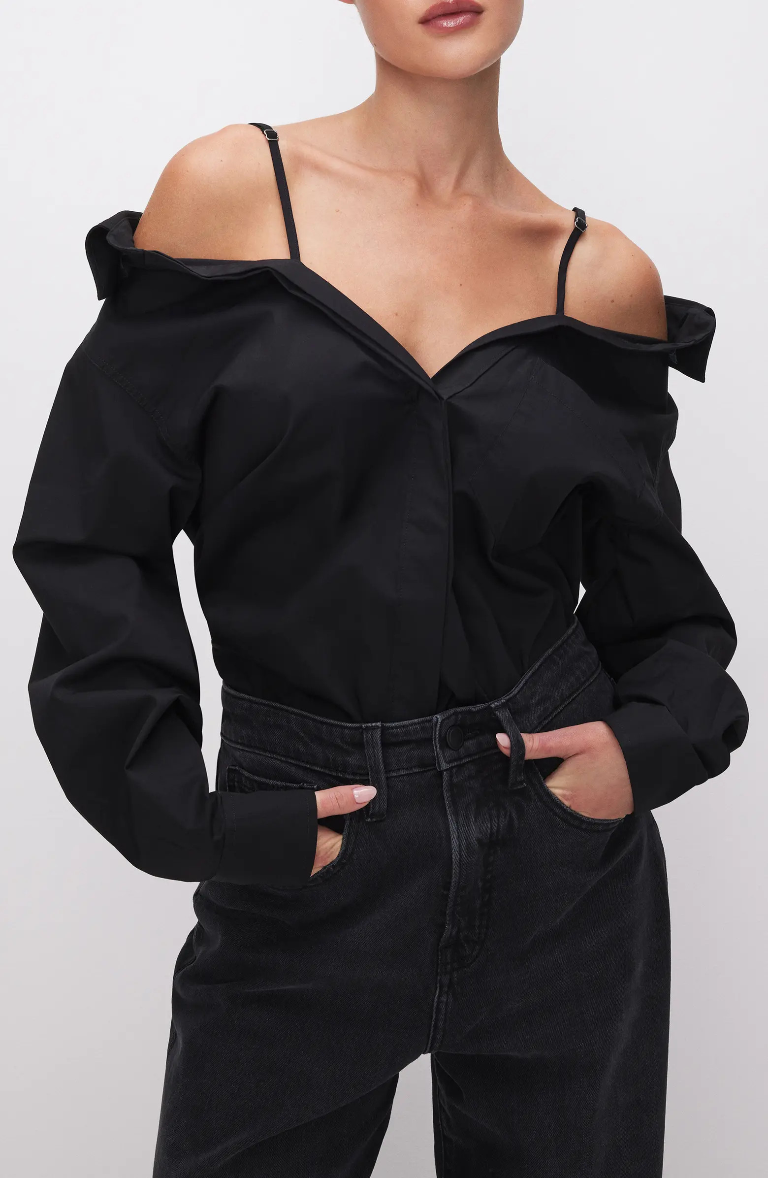 Good American Off the Shoulder Poplin Shirt | Nordstrom | Nordstrom