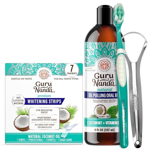 GuruNanda Coconut & Mint Oil Pulling with Tongue Scraper & Teeth Whitening Strips - 7 Treatments with 14 Strips - Enamel-Safe Strips for Sensitive Teeth | Amazon (US)