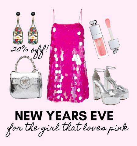 New years in Vegas 
New Year’s Eve outfit 
Pink sequin dress 
Silver metallic trend 
Champagne earrings 

#LTKHoliday #LTKGiftGuide
