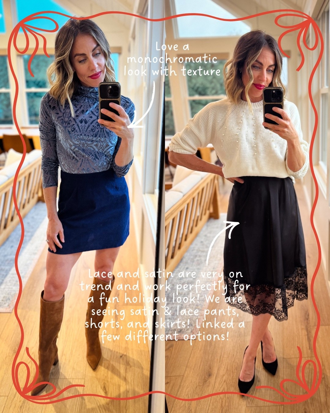 Love a monochromatic look with texture, especially this blue, which is a a different twist on classic holiday. Lace and satin are on trend this holiday season, linked up a few options with pretty sweaters.🥂

#LTKOver40 #LTKSeasonal #LTKHoliday