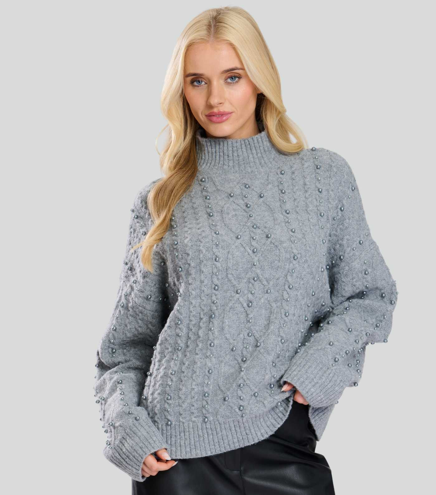 Finding Friday Grey Faux Pearl Cable Knit Jumper | New Look | New Look (UK)