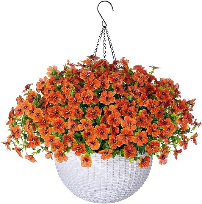 Artificial Fake Fall Hanging Mums Flowers Plants Basket for Outdoor Outside, Faux Silk UV Resista... | Amazon (US)