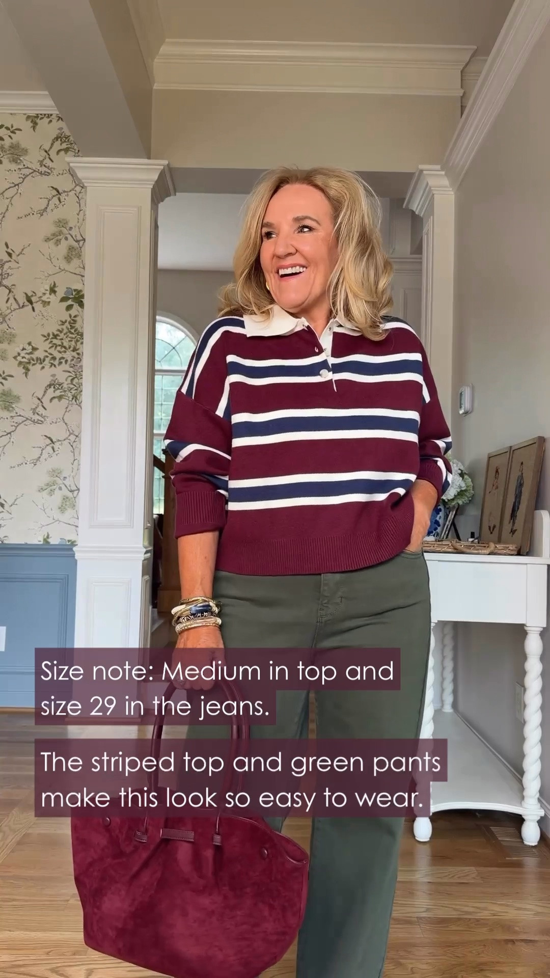 Gotta say, the burgundy stripes with those green jeans are a fun combination! I'm wearing a medium in the sweater and a size 29 in the jeans, and code NANETTE15 gets you 15% off new arrivals at Avara, good for one order.