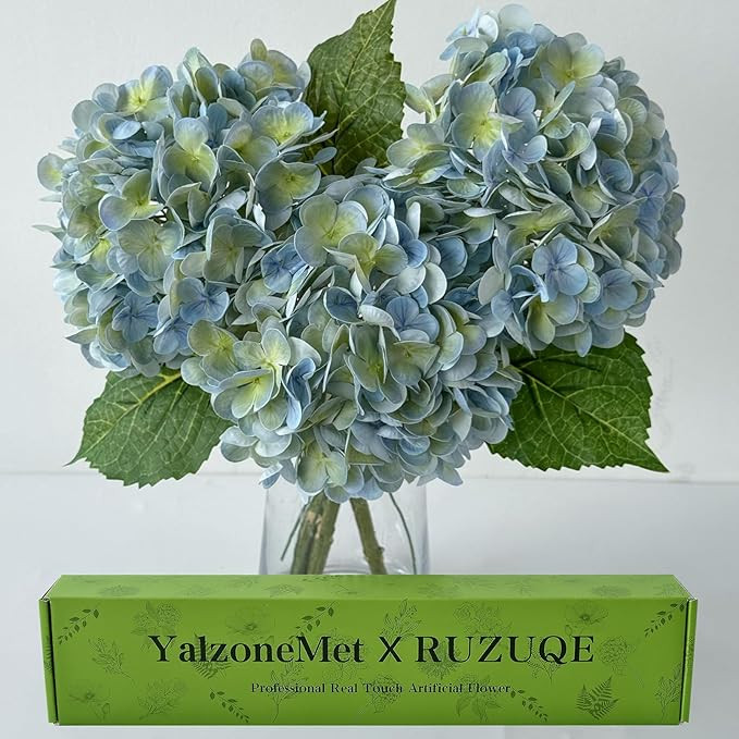 YalzoneMet 3 PCS Light Blue-Green Hydrangea Artificial Flowers 21'' Real Touch Latex Hydrangea Fa... | Amazon (US)