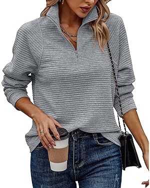 BTFBM Womens 2023 Fall Fashion Quarter Zip Sweatshirts Half Zip Casual Long Sleeve Solid Color V ... | Amazon (US)