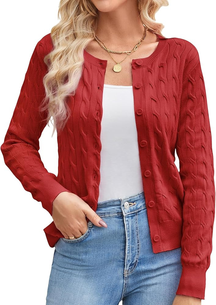 GRACE KARIN Womens Long Sleeve Button Up Cable Knit Cardigan Lightweight 2026 Crewneck Button Dow... | Amazon (US)