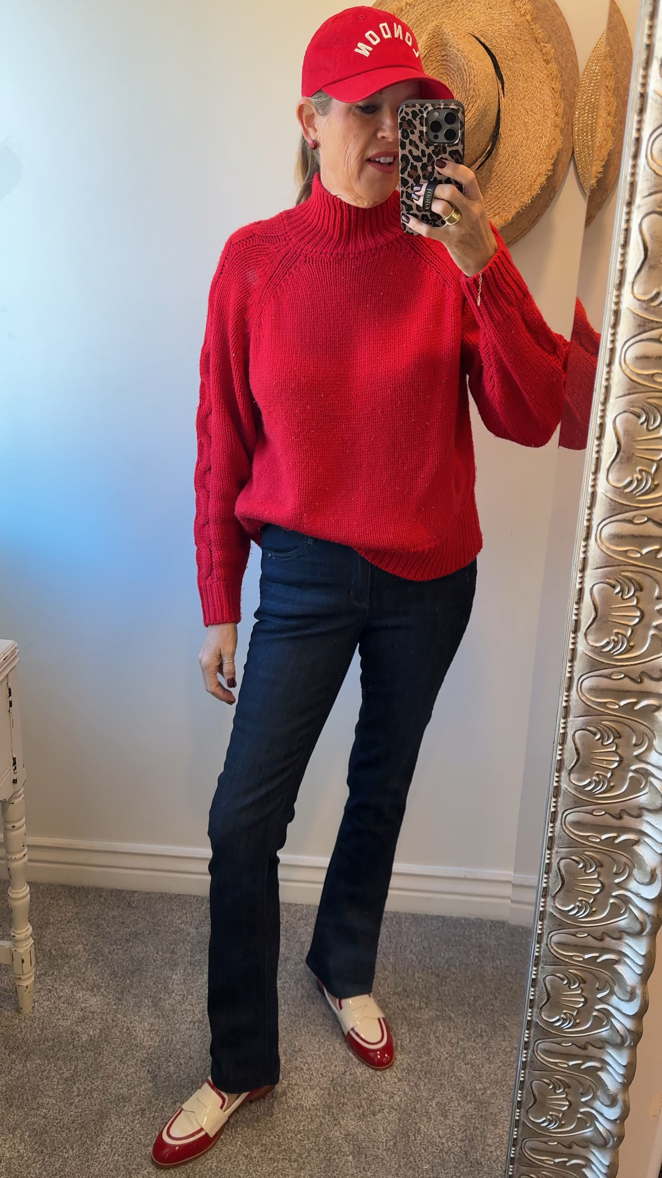 #ootd
Easy elevated casual outfit

Perfect for the season

Wit & wisdom itty bitty bootie jeans feel like premium denim but under $80
Tts in a 4

Red mock neck knit sweater 

London baseball cap

Red sparkle stud Kate spade earrings 

Red and white loafers by Cecelia New York  tts 


#LTKStyleTip #LTKFindsUnder100 #LTKVideo