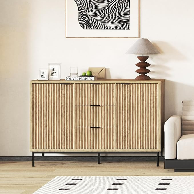 Fluted Buffet Cabinet with Storage, Modern Sideboard with 2 Doors 3 Drawers and Adjustable Shelf,... | Amazon (US)
