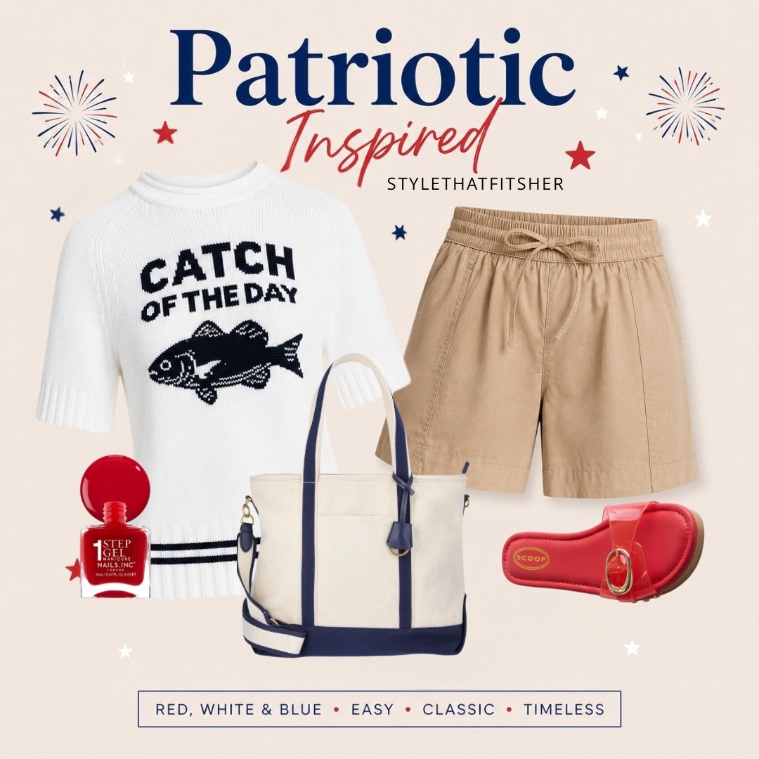USA Inspired look from Walmart 
The red sandals are so cute ❤️🇺🇸💙 
Women’s outfits 
Memorial Day outfit 
Over 40 style 
Women’s khaki shorts 
Catch of the day sweater