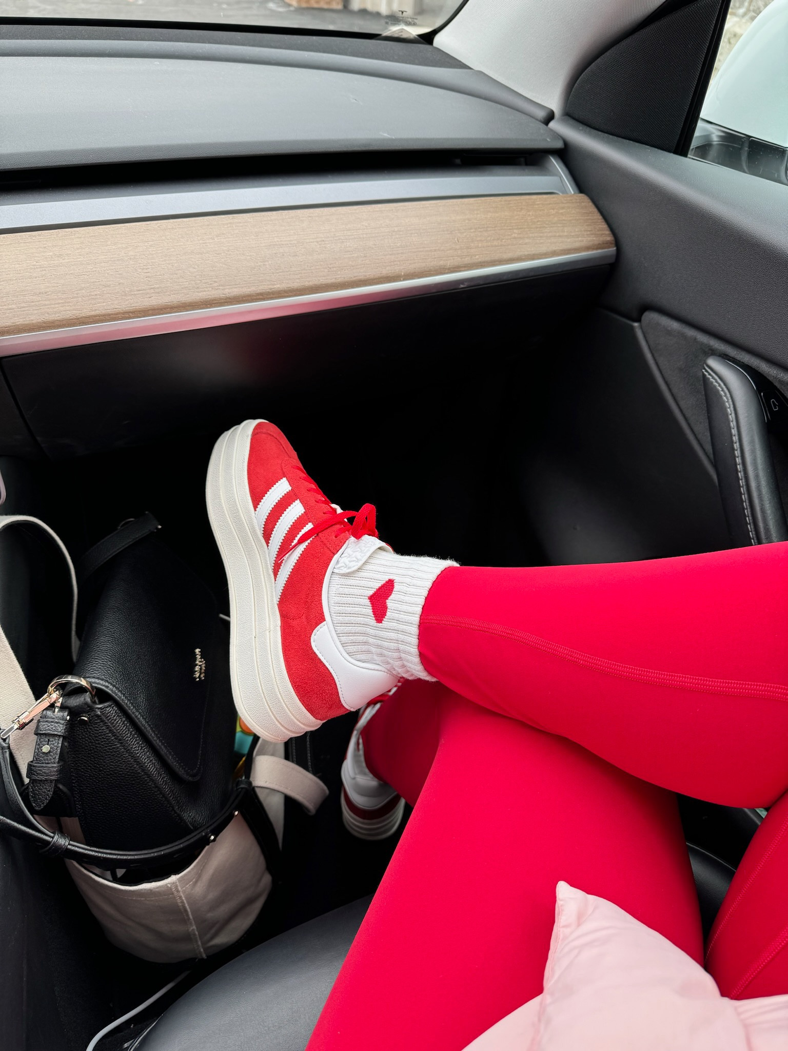 Travel outfit! Loving this fiery red color ❤️‍🔥 leggings from Amazon and socks from Shiny by Nature!

Adidas gazelles - red leggings - casual outfit - casual style 

#LTKstyletip #LTKfitness #LTKmidsize
