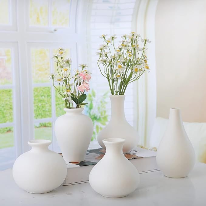 Ceramic Vase Set - 5 White Vases Mini Bud Vases in Bulk Small Ceramic Flower Vase for Home Decor ... | Amazon (US)