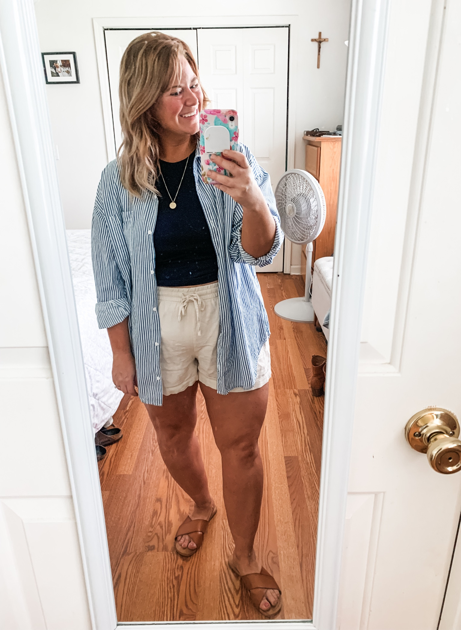 Easy summer outfit - linen shorts, high neck tank & a button down.  Would be a perfect 4th of July outfit! 

#LTKMidsize #LTKSeasonal #LTKSummerSales