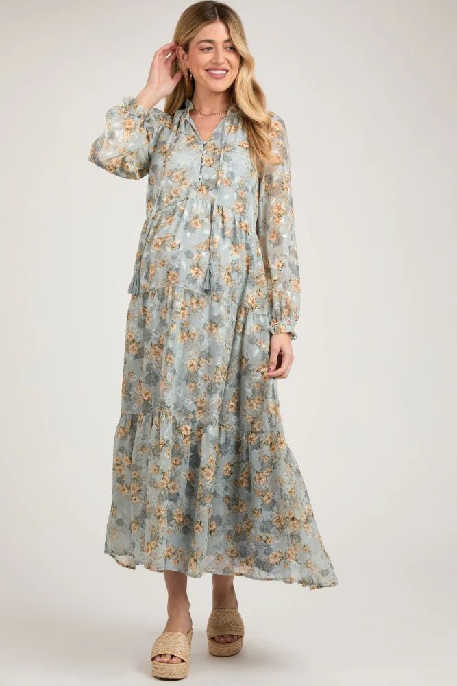 Light Blue Floral Button Front Tiered Maternity Maxi Dress | PinkBlush Maternity