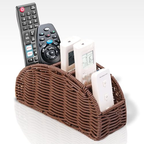 5-Compartment Remote Control Holder – Synthetic Rattan Organizer for TV Remotes, Makeup Brushes, Office Supplies, Stylish Wicker Desk Caddy for Living Room, Bedroom, Office, Patent Pending (Brown) | Amazon (US)