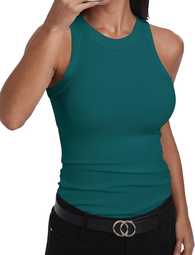 GEMBERA Womens Sleeveless Racerback High Neck Casual Basic Cotton Ribbed Fitted Tank Top | Amazon (US)