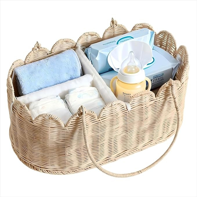 Premium Wicker Baby Diaper Caddy Organizer,Woven Scalloped Rattan Basket with Handle,Wicker Baby ... | Amazon (US)