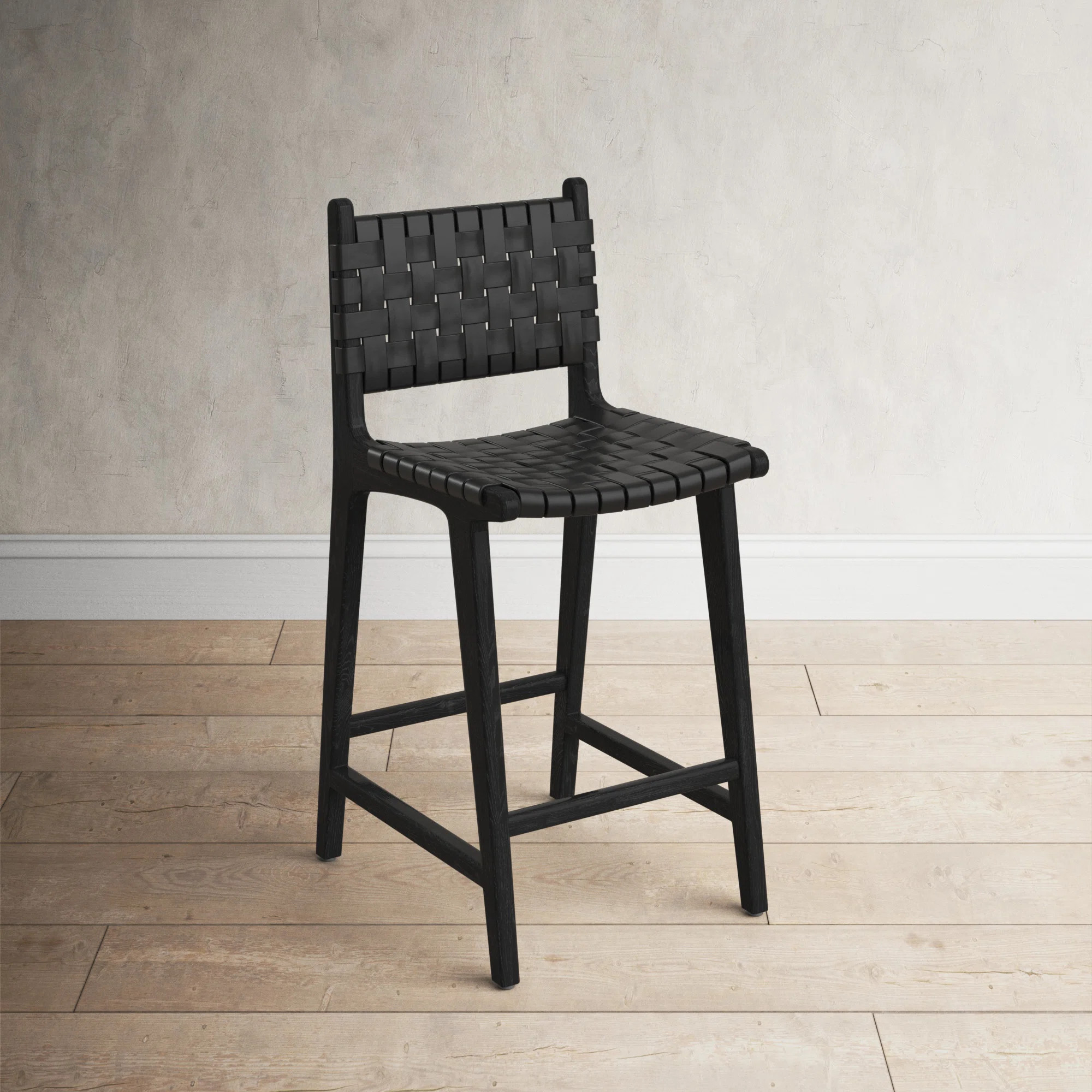 Tylersburg Teak & Leather Counter Height Stool In Black | Wayfair North America