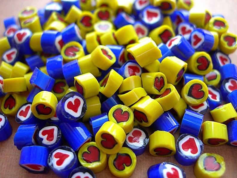 24 HEARTS Vintage Millefiori Glass Cane Slices Yellow and Blue, 5-6mm | Etsy (US)