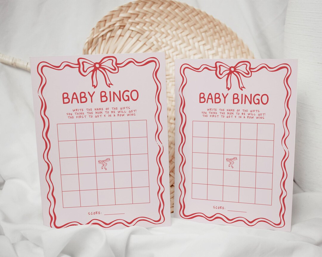 Coquette Bow Pink Red Baby Shower Bingo Game Card Printable, Hand Drawn Bow Baby Shower Game DIY ... | Etsy (US)