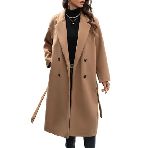 HOTIAN Women's Winter Wool Blend Coat Double Breasted Casual Notch Lapel Long Trench Overcoat Peacoat(Khaki-S) | Amazon (US)