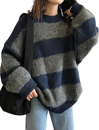EMMIOL Women's Oversized Striped Sweaters 2025 Fall Trendy Long Sleeve Knit Outfits Crewneck Fash... | Amazon (US)