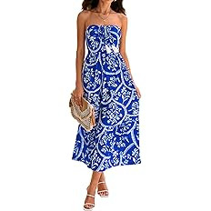 GRACE KARIN Strapless Floral Maxi Dress,Summer Casual Tube Top Boho Dresses,Beach Smocked Flowy D... | Amazon (US)