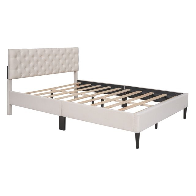 SYNGAR Beige Upholstered Fabric Platform Bed Frame Queen Size with Elegant Headboard, Metal Frame... | Walmart (US)
