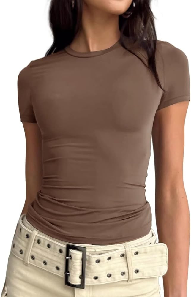 LACOZY Women's Basic Solid Crop Tops Short Sleeve Round Neck Shirt Workout Slim Fit T-Shirt Y2K | Amazon (CA)
