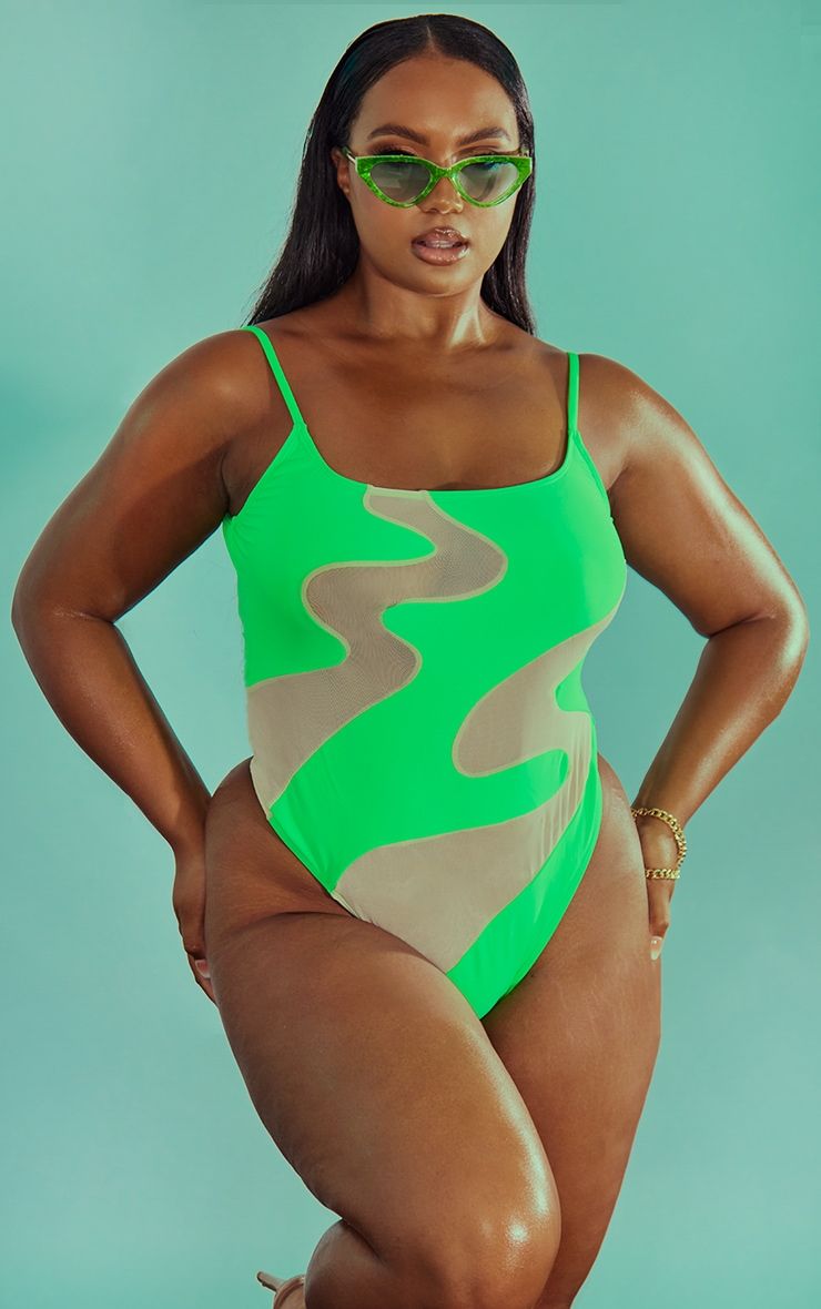 Plus Apple Green Mesh Detail Swimsuit | PrettyLittleThing US