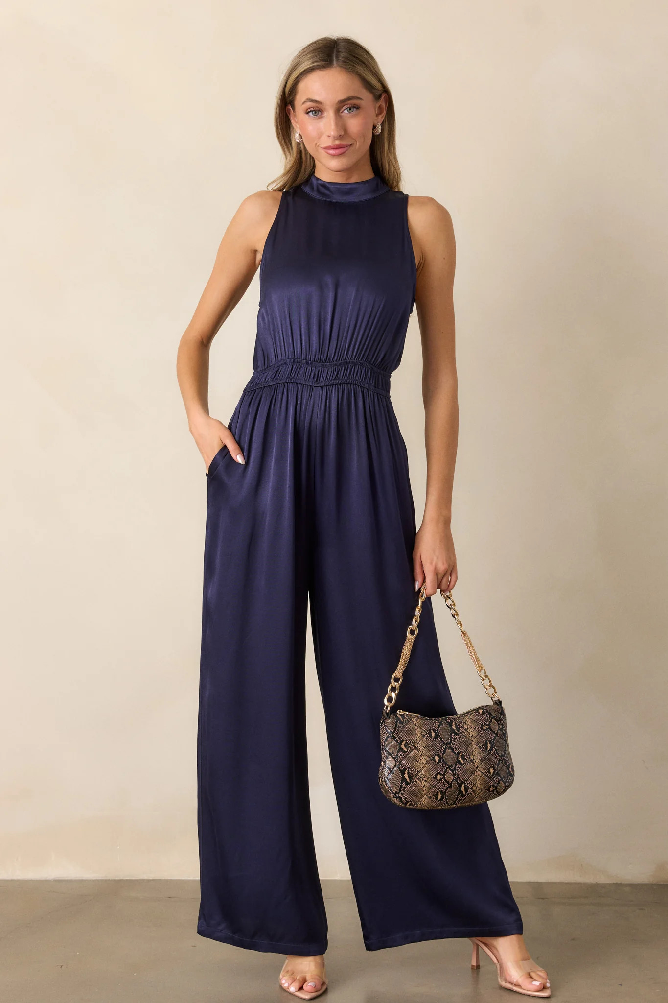 MINKPINK Lumina Midnight Blue High Neck Jumpsuit | Red Dress