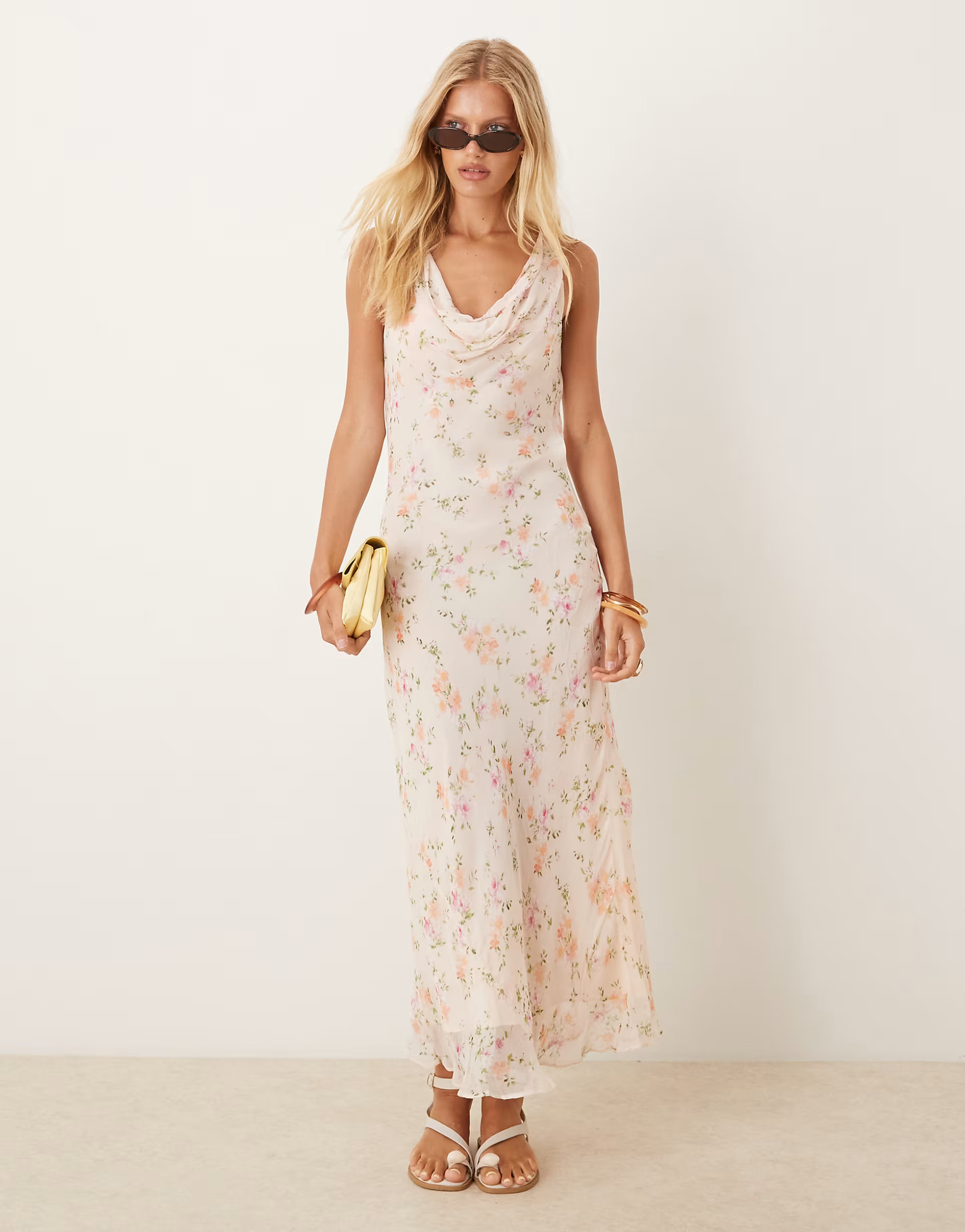 Mango cowl neck midi dress in pale pink floral print | ASOS | ASOS (Global)
