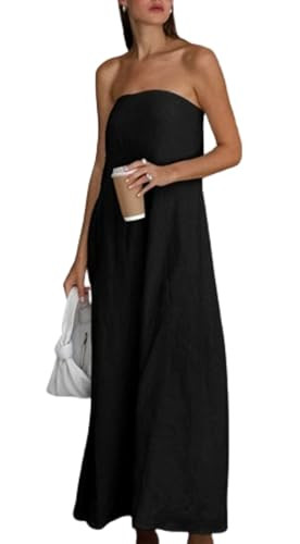Aesthetic Summer Solid Color Strapless Linen Dress Backless Sleeveless Casual Party Beach Going O... | Amazon (US)