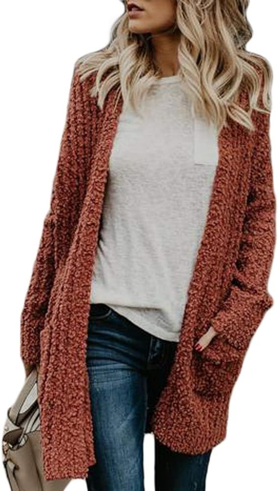 Women Open Front Popcon Fuzzy Knit Cardigan with Pockets | Amazon (US)