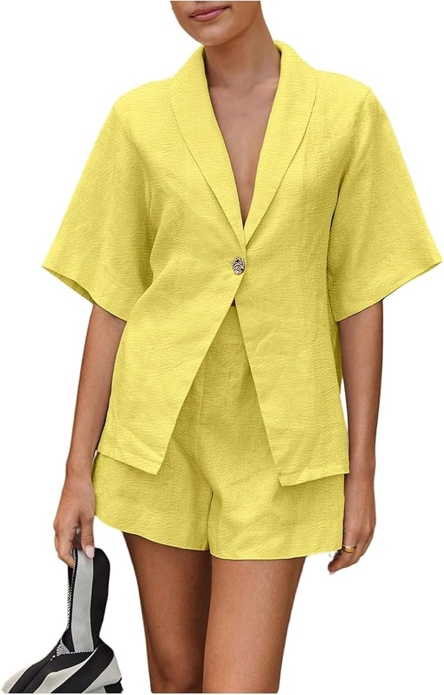 Milumia Women's 2 Piece Outfit Button Front Collared V Neck Short Sleeve Shirt Shorts Sets | Amazon (US)