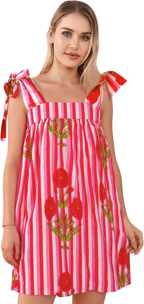 Women's Shoulder Tie Strap Dress Casual Summer Striped Tree/Flower Print Loose A Line Mini Sundre... | Amazon (US)