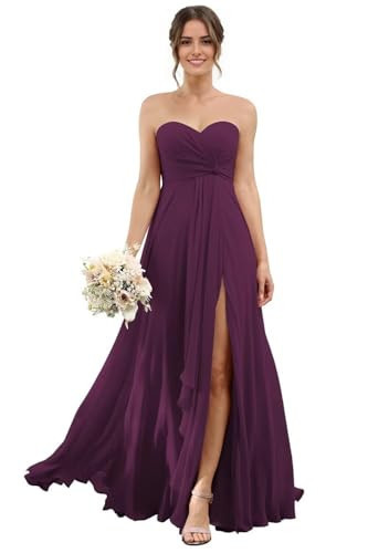 Long Chiffon Bridesmaid Dress for Women Sweetheart Pleated Plum Prom Dress with Slit for Wedding Off Shoulder Bridesmaid Dress | Amazon (US)