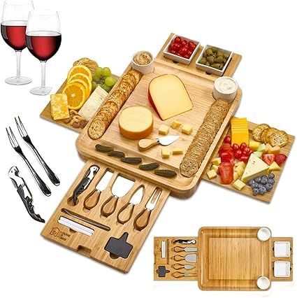 Cheese Board 2 Ceramic Bowls 2 Serving Plates. Magnetic 4 Drawers Bamboo Charcuterie Cutlery Knif... | Amazon (US)