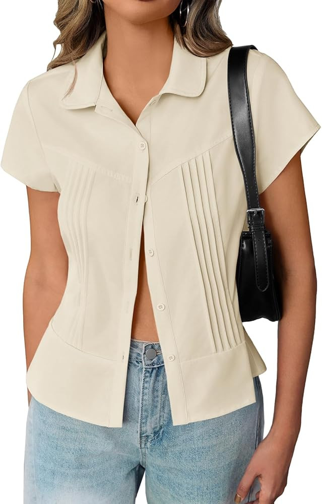 Cicy Bell Womens Short Sleeve Button Down Shirts Pleated Slim Fit Summer Dressy Casual Blouses | Amazon (US)