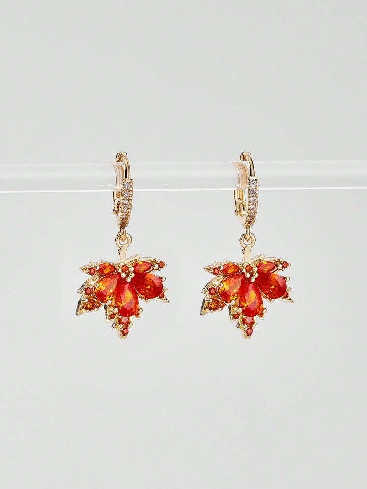 1pair Autumn/winter Maple Leaf Shaped Copper Earrings With Stone Inlay For Thanksgiving Day | SHEIN