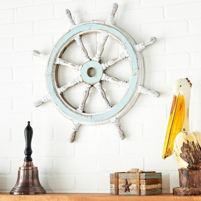 Wood Sail Boat Ship Wheel Wall Decor with Distressing Blue - Olivia & May: Coastal Nautical Carved Art, Vertical Orientation | Target