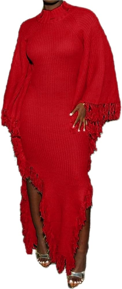 NRTHYE Women Fringe Long Sweater Dresses Knit Turtleneck Batwing Sleeve Sexy Side Slit Tassel Max... | Amazon (US)