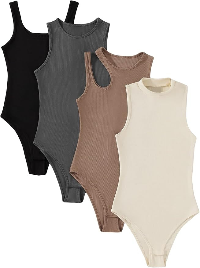 Milumia Women's 4 Piece Bodysuit Ribbed Sleeveless Crewneck Solid Basic Bodysuits | Amazon (US)