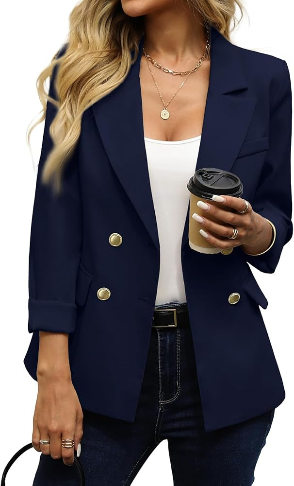 ELLEVEN Women's Business Casual Blazer,Double Breasted Long Sleeve Slim Fit Office Suit Jackets W... | Amazon (US)