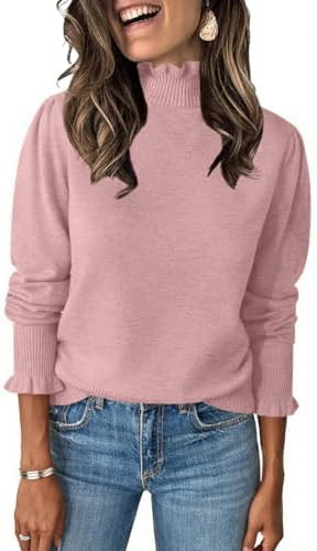 UNCLECAT Womens Ruffle Mock Neck Sweater Casual Puff Long Sleeve Fall Knit Trendy Pullover Sweate... | Amazon (US)