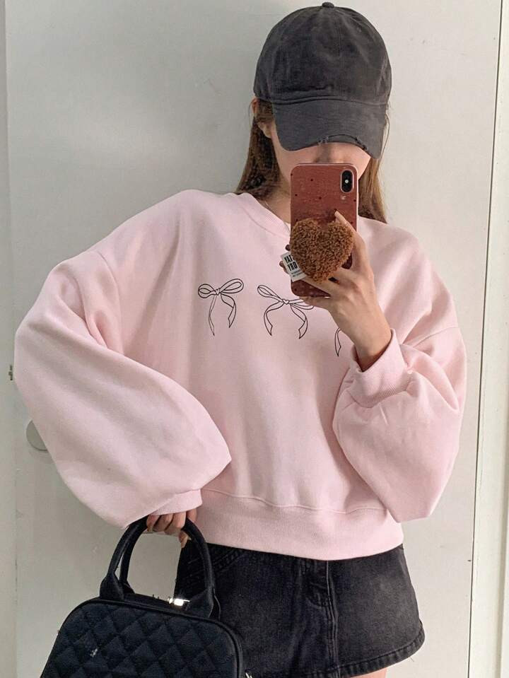 DAZY Bow-Patterned Drop Shoulder Sleeve Sweatshirt | SHEIN