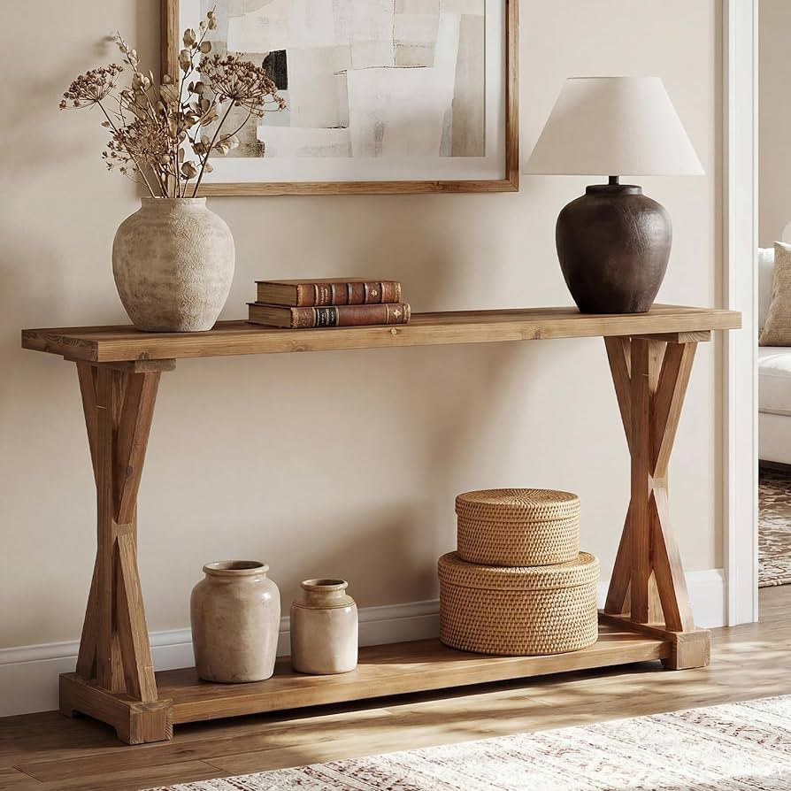 Solid Wood Console Table for Entryway, 63-Inch Narrow Farmhouse Entryway Table with Storage, 2-Ti... | Amazon (US)