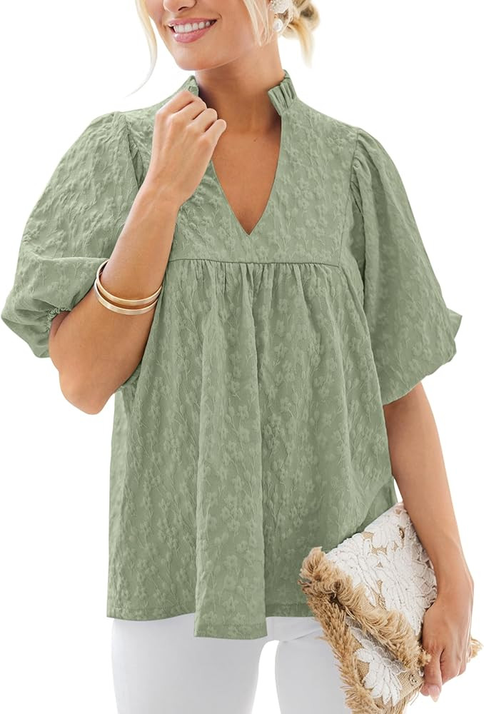 MASCOMODA Womens Summer Tops 2026 Ruffle V Neck Blouses Loose Puff Short Sleeve Jacquard Babydoll... | Amazon (US)