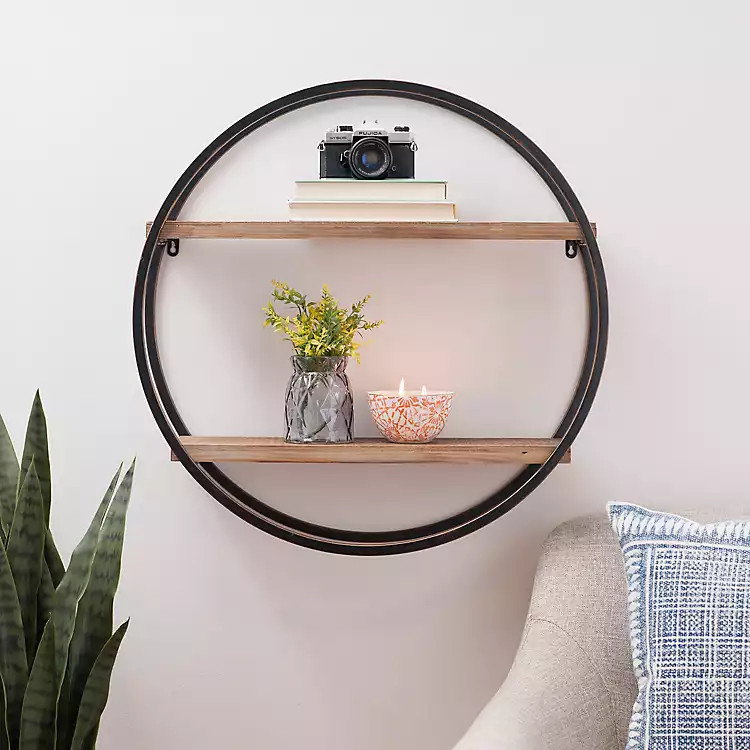 Metal Circle Double Wood Plank Wall Shelf | Kirkland's Home