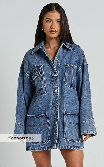Harlow Jacket - Oversized Long Sleeve Denim Jacket in Mid Blue Wash | Showpo (US, UK & Europe)